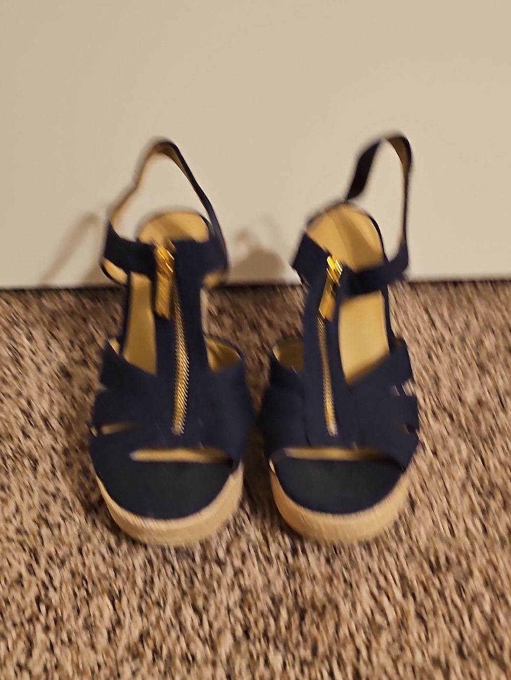 Michael Kors Navy Espadrille Wedge Sandals with Gold Zip Detail
